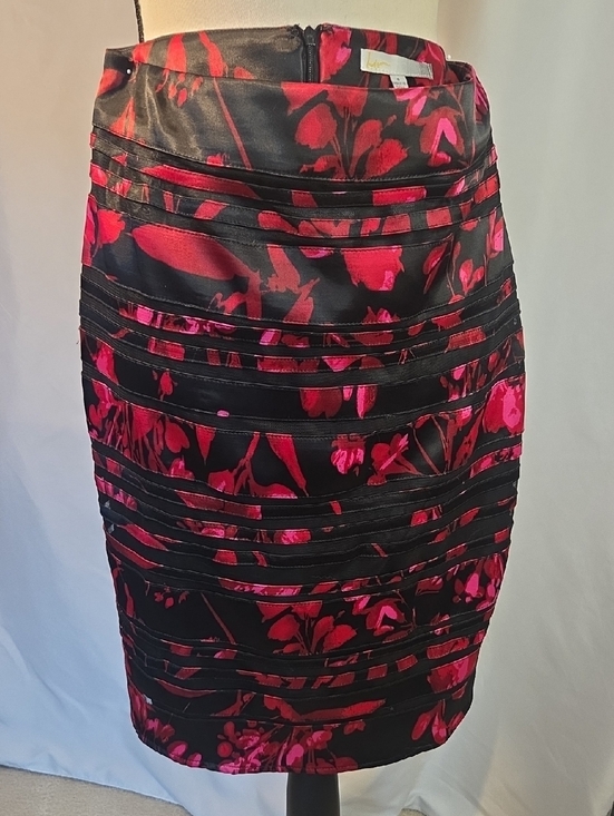 Liv Los Angeles Dresses & Skirts - Black Satin And Mesh Banded Pencil Skirt with Red Floral Print, SIZE 4